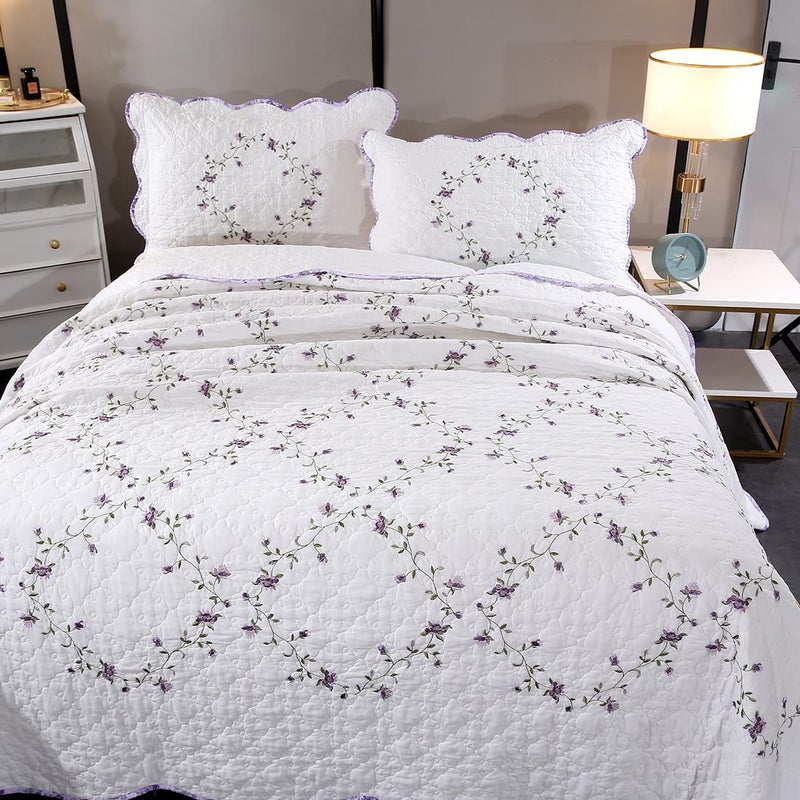 vctops 3-Piece Elegant Floral Embroidered Bedspread Coverlet Set 100% Cotton Reversible Patchwork 1 Quilt and 2 Pillow Shams Full/Queen, Purple - Image 4