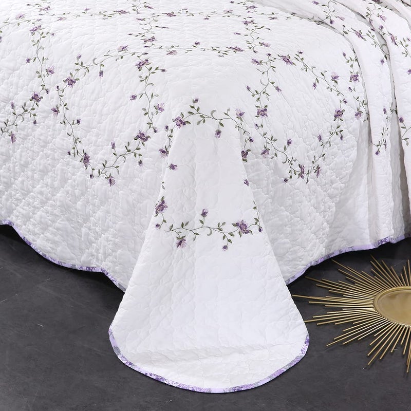 vctops 3-Piece Elegant Floral Embroidered Bedspread Coverlet Set 100% Cotton Reversible Patchwork 1 Quilt and 2 Pillow Shams Full/Queen, Purple - Image 5