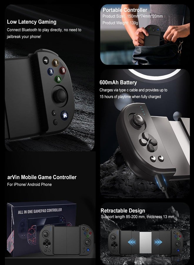 arVin Wireless Gaming Controller for iPhone/iPad/iOS/Android/Samsung/PC, Bluetooth Gamepad with Hall Effect Joystick/Turbo/Stretchable, Direct Play for Call of Duty Mobile/Genshin Impact/Mfi Games - Image 3