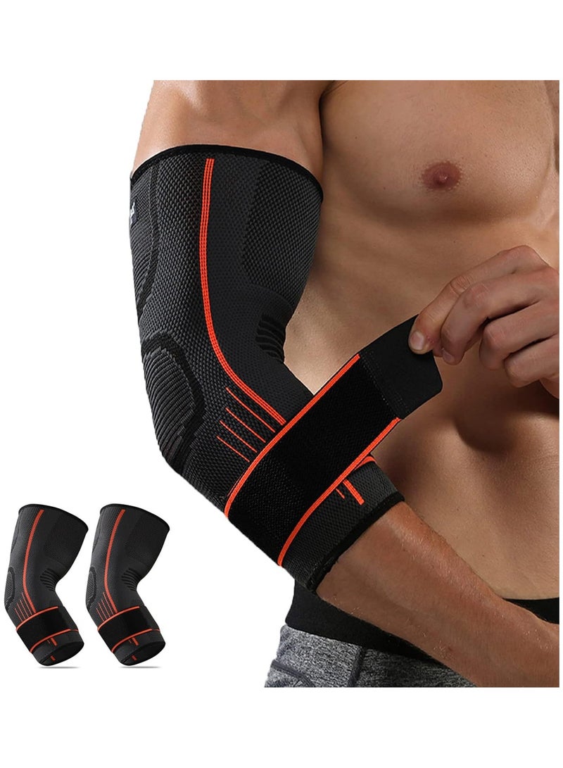 Elbow Brace Support with Strap, 2 PACK Adjustable Compression Sleeve for Men and Women, Ideal for Workout, Basketball, Golf, Tennis, Weightlifting, Pain Relief for Tendonitis and Arthritis, M Size - Image 1