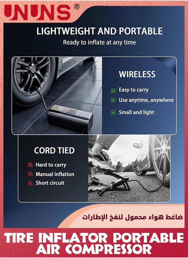 UNUNS Tire Inflator Portable Air Compressor,5V Cordless 150PSI,12V DC Cord,Tire With Pressure Gauge/LCD Screen,Quick Inflation For Car Motorcycle Bike Balls,Rechargeable Pump  - Image 2
