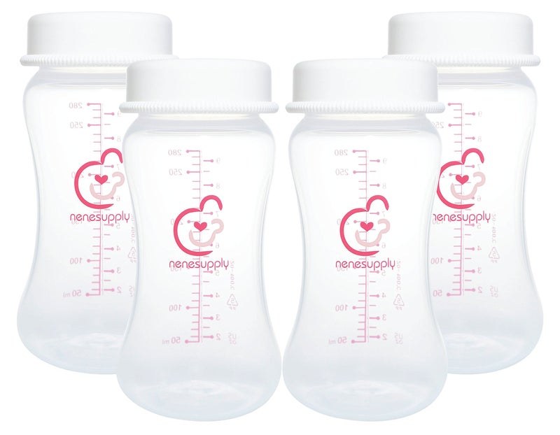 NENESUPPLY زجاجات ضخ الحليب ذات العنق العريض 9 أونص 4 قطع من نينسوبلاي للاستخدام مع مضخات سبيكترا S1 و S2 و 9 بلس. زجاجات ضخ لمضخة سبيكترا. زجاجات تخزين وجمع حليب الثدي. - Image 1