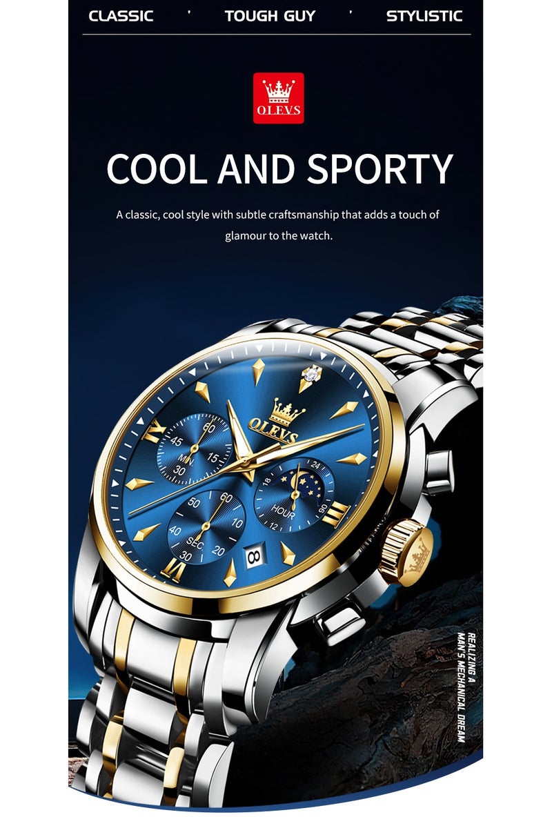 أوليفز ساعات OLEVS للرجال، ساعة أنيقة من الفولاذ المقاوم للصدأ، كوارتز، كرونوغراف، مقاومة للماء، مضيئة، 3639 - Image 3