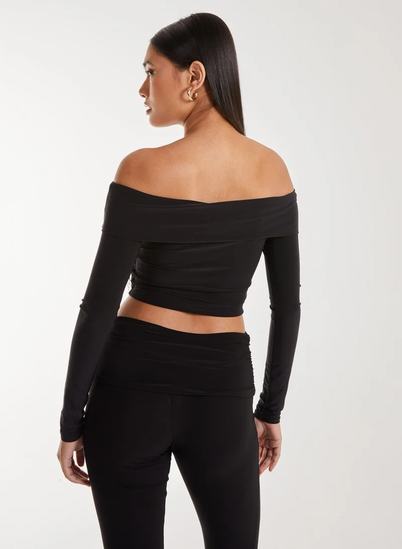 بينك فانيلا بلوزة بأكمام طويلة بياقة مكشوفة وتفاصيل كورساج