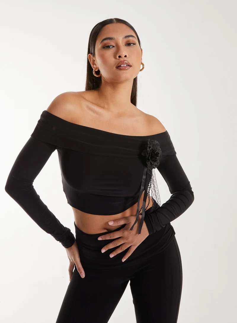 Pink Vanilla Corsage Detail Bardot Long Sleeve Top