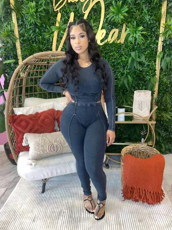 European and American Export Cross-border Amazon Aliexpress New Splicing Patch Small Pit Strip Long-sleeved Suit for Women Black
