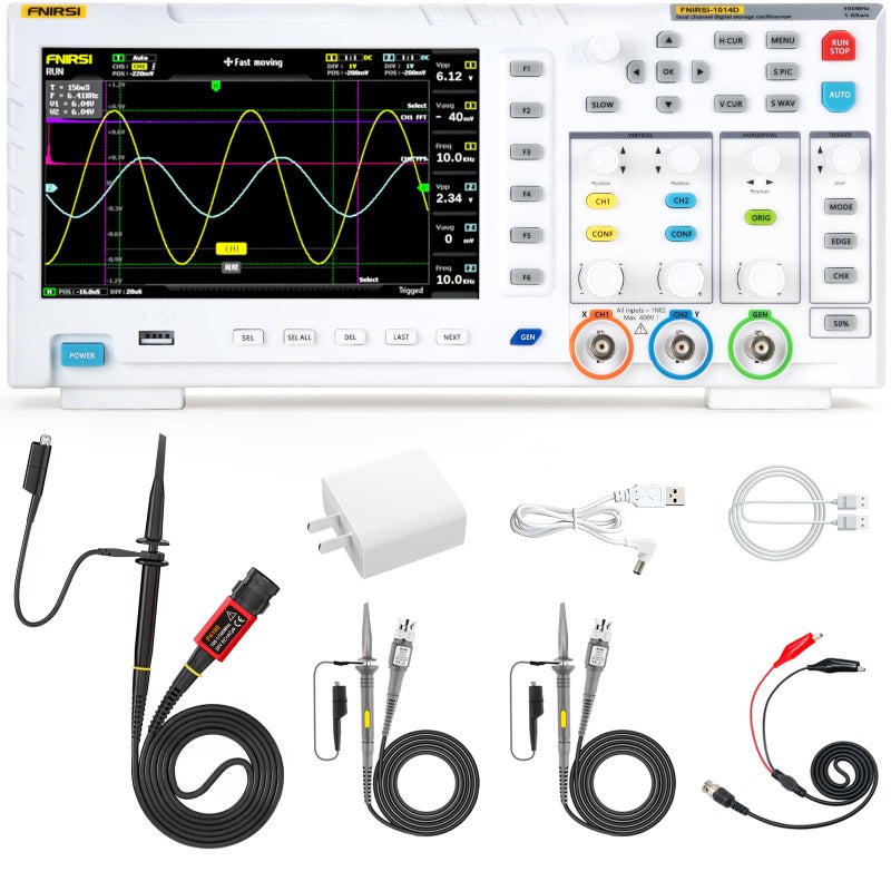 FNIRSI FNIRSI 1014D Oscilloscope 2 in 1 Digital Oscilloscope DDS Signal Generator, 100X High Voltage Probe, 2 Channels 100Mhz Bandwidth 1GSa/s Sampling Rate Built-in 1GB Storage Space  - Image 1