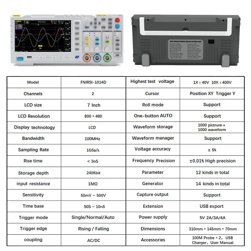 FNIRSI FNIRSI 1014D Oscilloscope 2 in 1 Digital Oscilloscope DDS Signal Generator, 100X High Voltage Probe, 2 Channels 100Mhz Bandwidth 1GSa/s Sampling Rate Built-in 1GB Storage Space  - Image 2