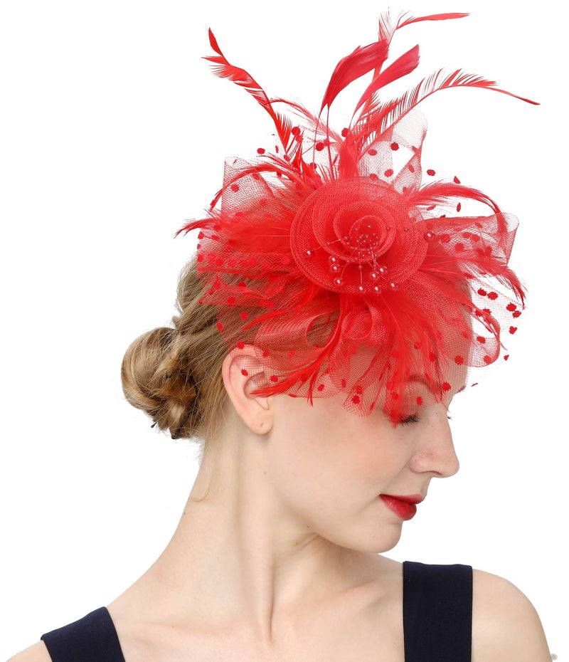 Cizoe Fascinators Hat for Women Tea Party Headband Kentucky Derby Wedding Flower Cocktail Mesh Feathers Hair Clip(1-Red) - Image 2