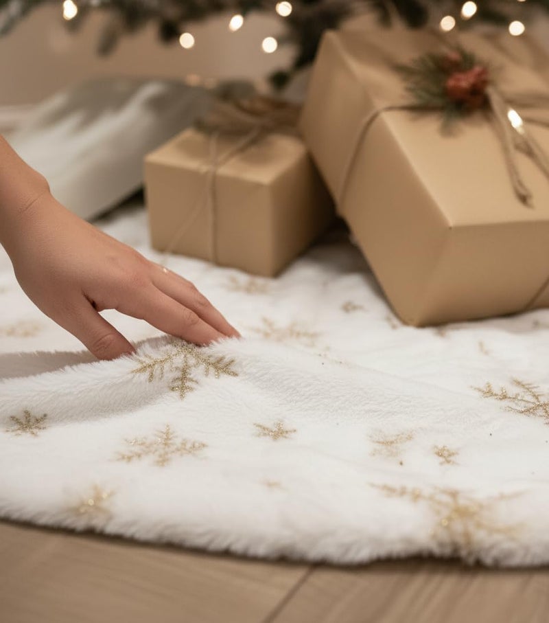 AOGU 60 Inch Sequin Faux Fur Christmas Tree Skirt Decoration for Merry Christmas Party White Plush Gold Sequin Snowflake Xmas Christmas Tree Skirt Decorations - Image 2