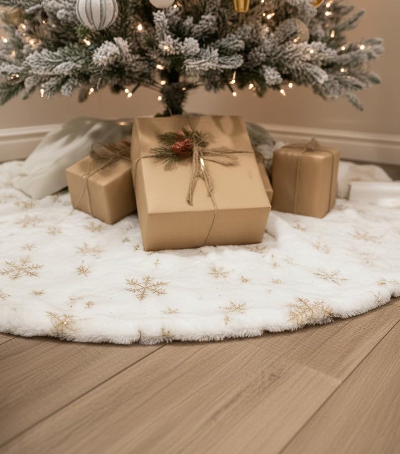 AOGU 60 Inch Sequin Faux Fur Christmas Tree Skirt Decoration for Merry Christmas Party White Plush Gold Sequin Snowflake Xmas Christmas Tree Skirt Decorations - Image 3