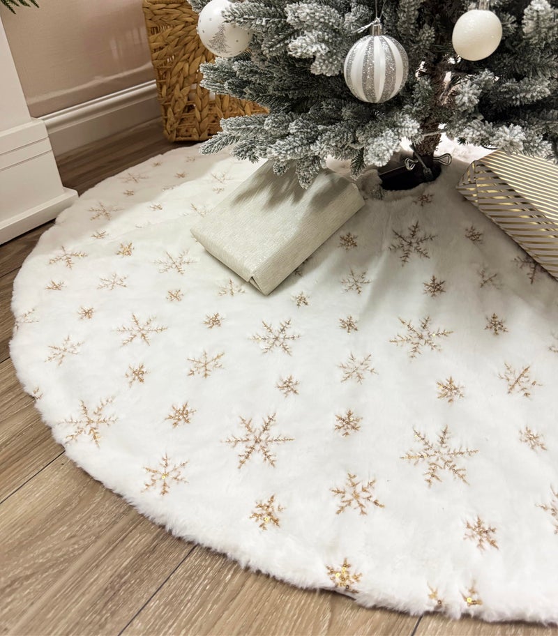 AOGU 60 Inch Sequin Faux Fur Christmas Tree Skirt Decoration for Merry Christmas Party White Plush Gold Sequin Snowflake Xmas Christmas Tree Skirt Decorations - Image 1