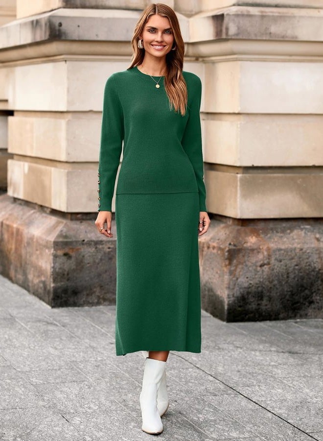 Glamaker Womens Fall 2 Piece Sweater Set Long Sleeve Ribbed Knit Midi Skirt Sets Casual Crewneck Winter Outfits, Dark Green, S - Image 5