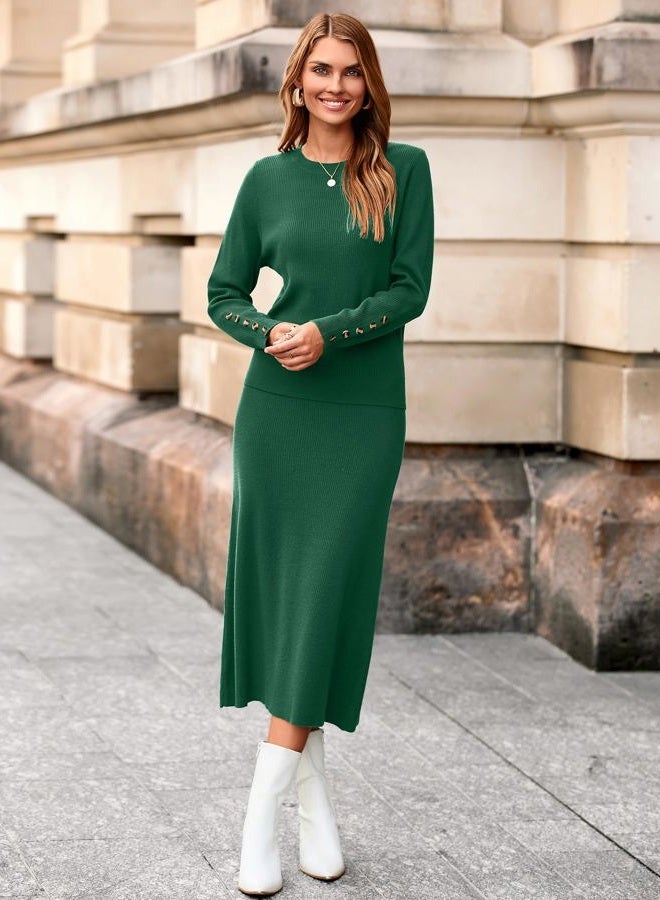 Glamaker Womens Fall 2 Piece Sweater Set Long Sleeve Ribbed Knit Midi Skirt Sets Casual Crewneck Winter Outfits, Dark Green, S - Image 4