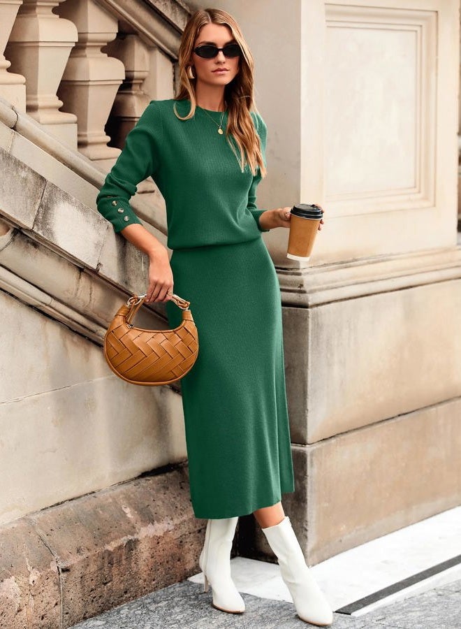 Glamaker Womens Fall 2 Piece Sweater Set Long Sleeve Ribbed Knit Midi Skirt Sets Casual Crewneck Winter Outfits, Dark Green, S - Image 3