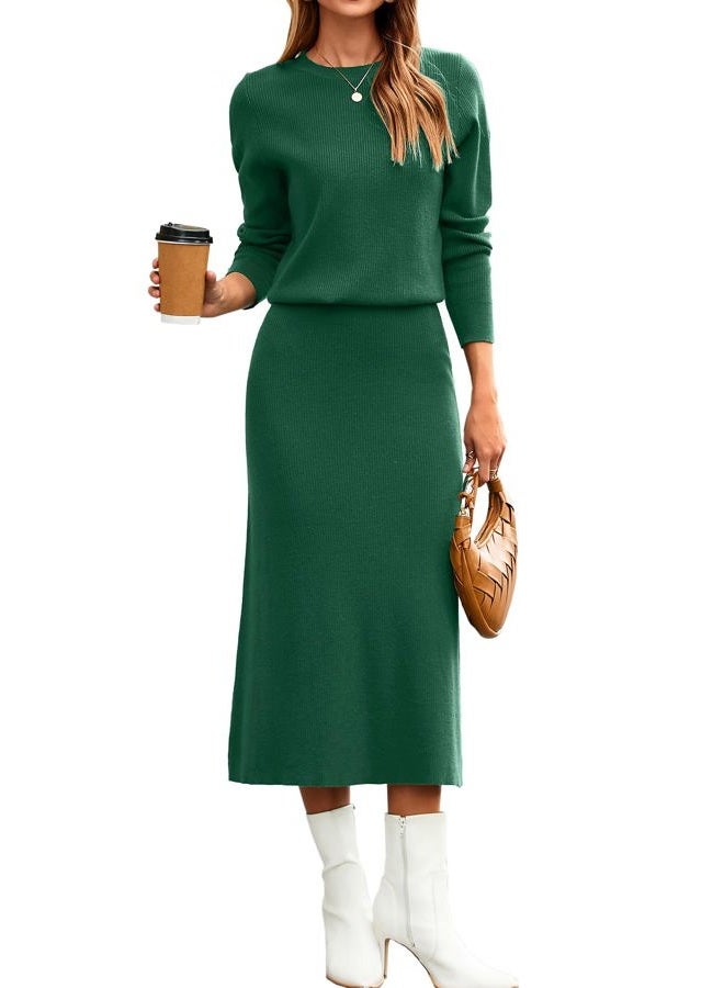Glamaker Womens Fall 2 Piece Sweater Set Long Sleeve Ribbed Knit Midi Skirt Sets Casual Crewneck Winter Outfits, Dark Green, S - Image 1