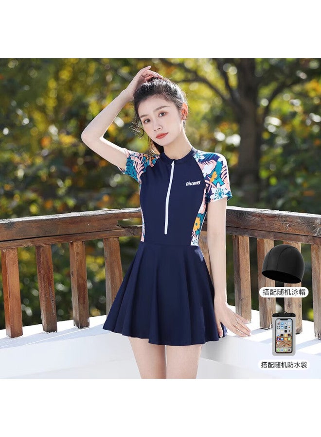 F.dyraa Women's Swimsuit Summer Cover Belly One-piece Swimsuit Beach Slimming Swimming Pool Three-piece Set 11015 Navy Blue Skirt Style One-piece XL - Image 1
