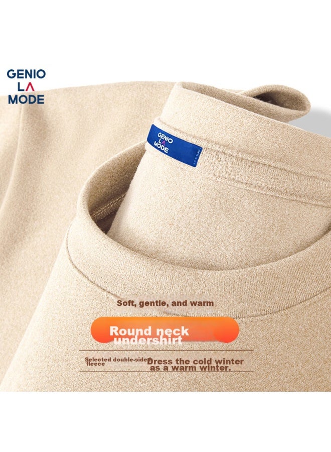 Geniolamode Men's Long Sleeve T-shirt With Double-sided Velvet Round Neck For Winter, Inner Wear For Warm Autumn, Apricot Color, Size M - Image 1