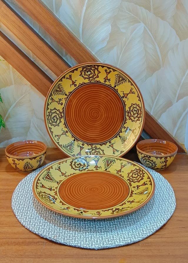 Caffeine Ceramic Handmade Mustard Brown Romani Dinner Set (Set of 4) - Image 1
