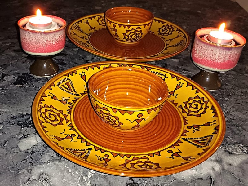 Caffeine Ceramic Handmade Mustard Brown Romani Dinner Set (Set of 4) - Image 3