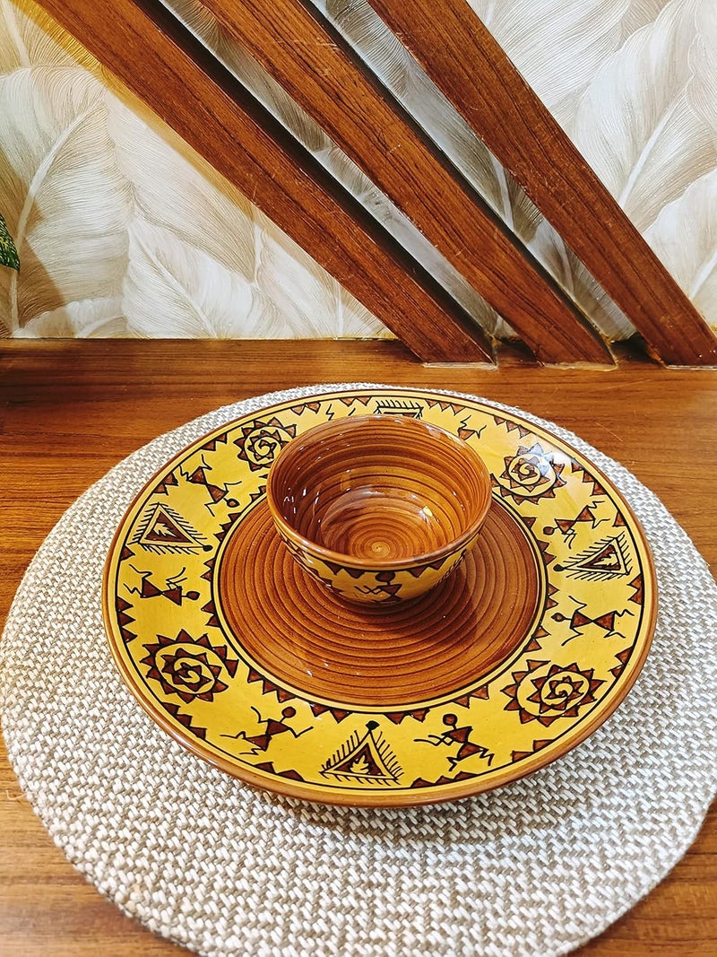 Caffeine Ceramic Handmade Mustard Brown Romani Dinner Set (Set of 4) - Image 2