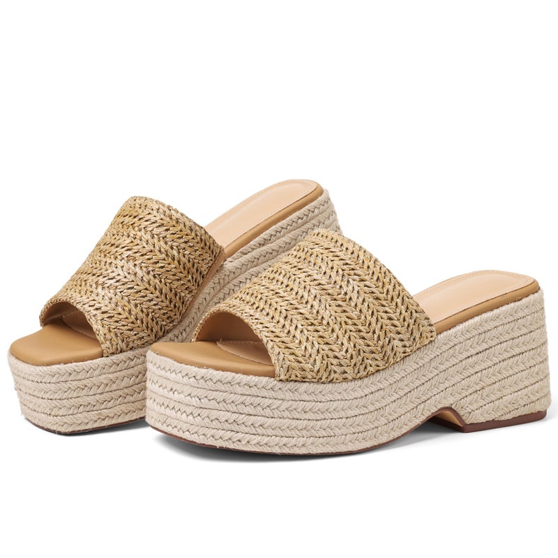 EQAUDES Summer Platform Wedge Sandals for Women Natural Espadrilles Wedges Beach Raffia Comfortable Resort Wear Cute Dressy Open Toe Slides - Image 1