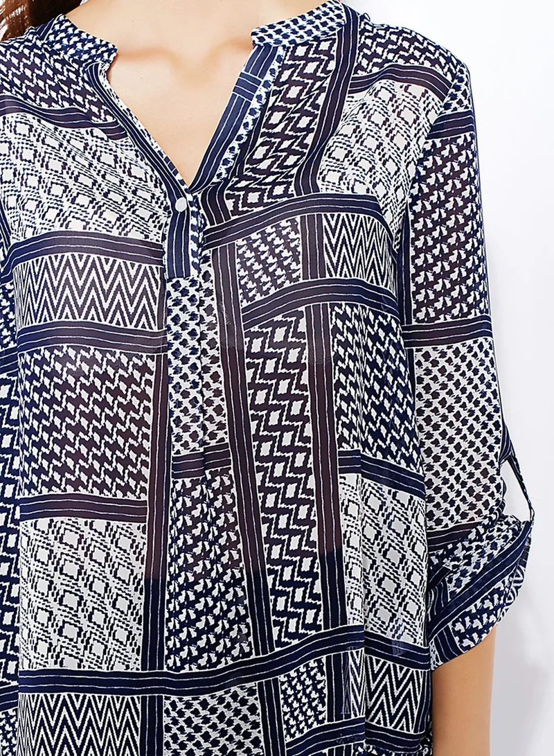 Lumière Timing Geometric Print Sheer Top