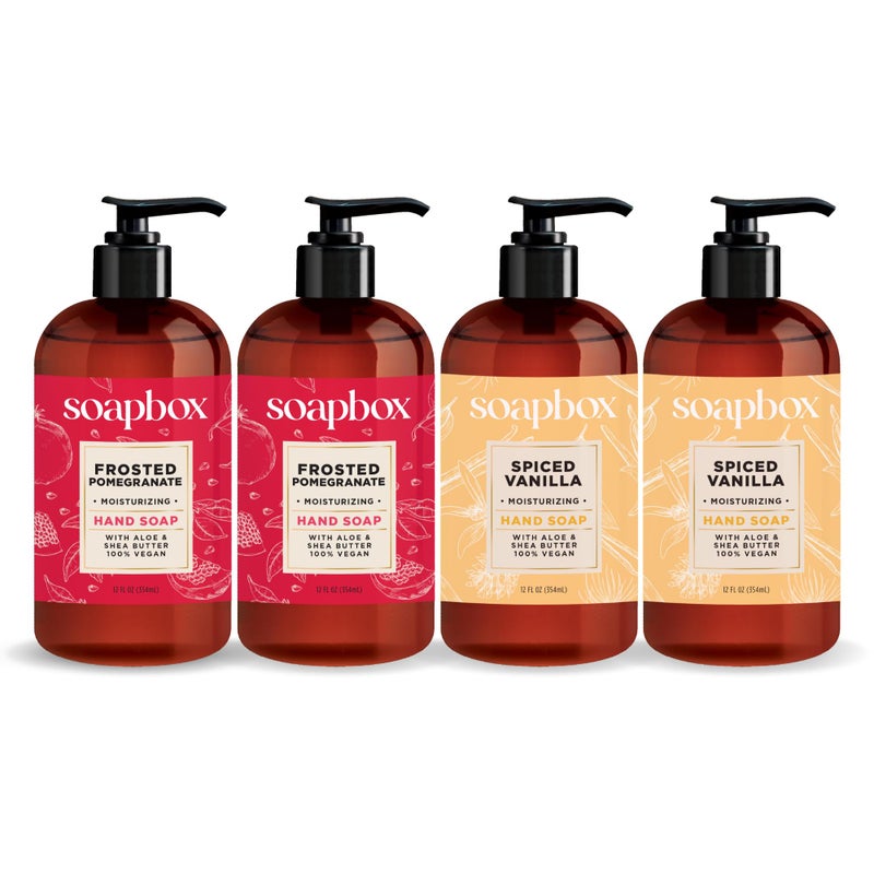 Soapbox Winter Hand Soaps, Spiced Vanilla & Frosted Pomegranate Liquid Hand Soap, Moisturizing Soap, Shea Butter & Aloe, Pack of 4, 12oz - Image 1