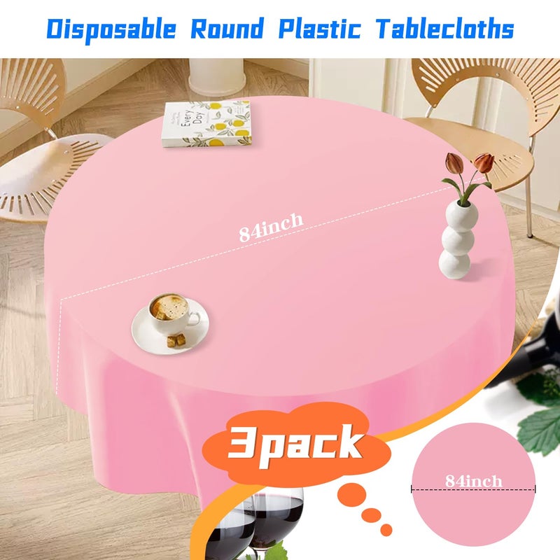 Ysyj 3 Pack Pink Plastic Tablecloth Disposable Round Table Cloth 84 Inch Table Cover For Parties - Image 2
