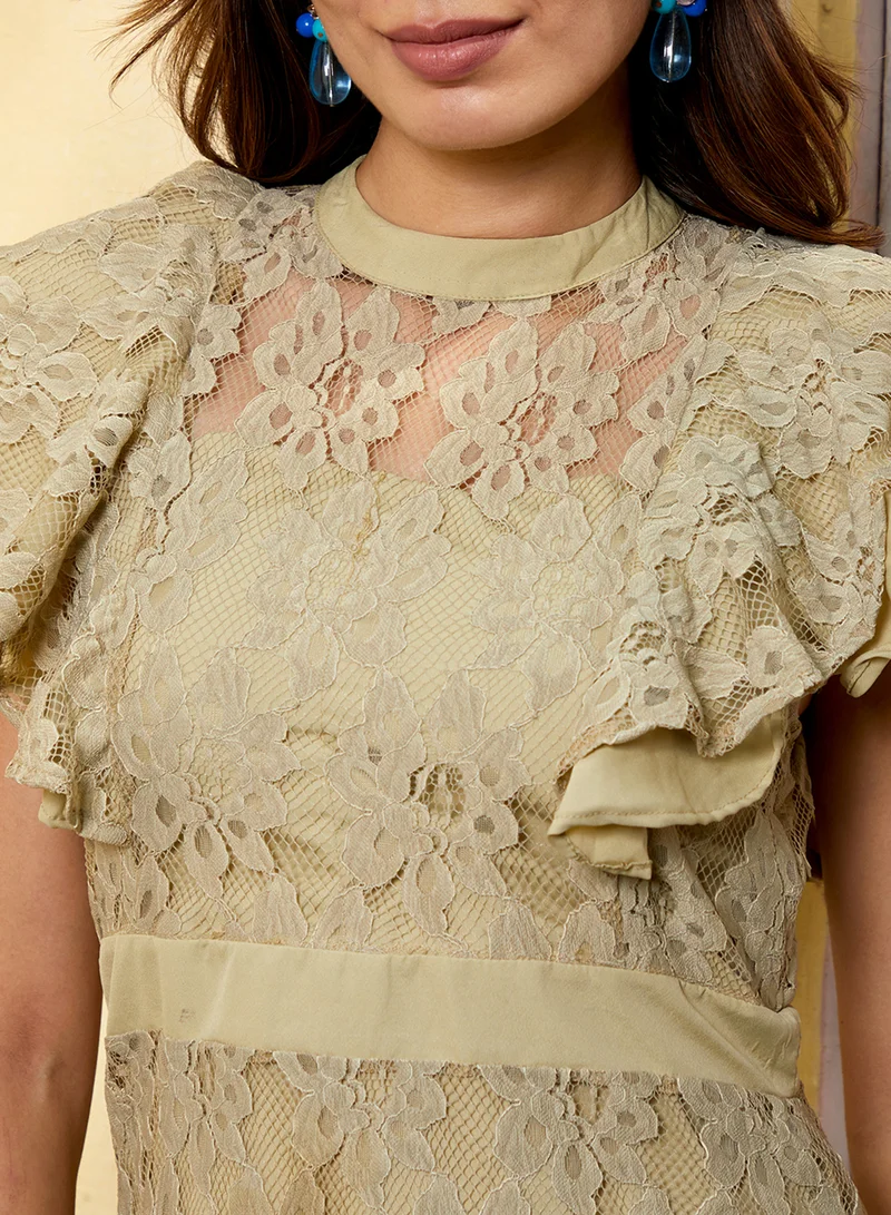 بينيا كولادا Women's Sage Green Flora-Mesh Dress For Casual Wear | Band Collar | Short Flutter Sleeves | Zipper Closure | Dress Designed With Comfortable Fit For Woman & Girls