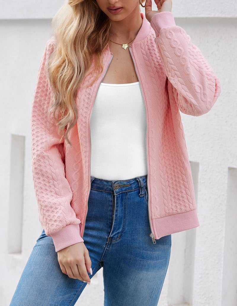 WROLEM Women's Zip Up Cardigan Sweater Cable Hoodies Long Sleeve Jacket Outfits Crewneck Casual Coat Pink - Image 3