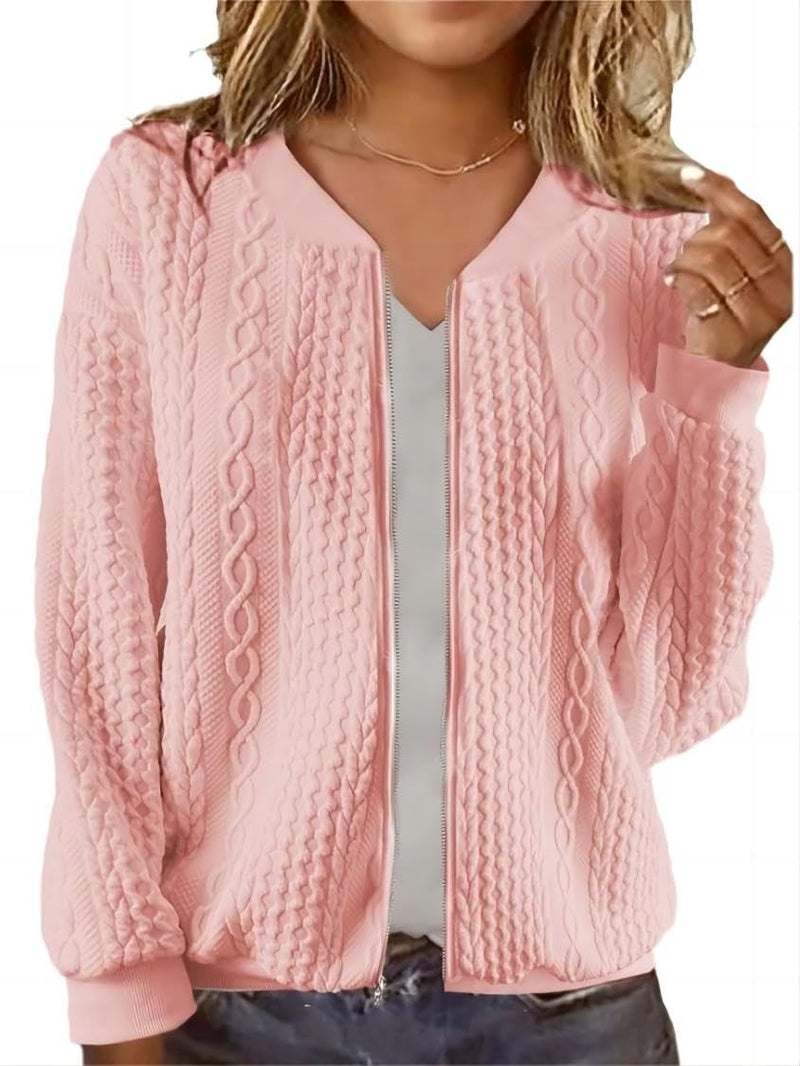 WROLEM Women's Zip Up Cardigan Sweater Cable Hoodies Long Sleeve Jacket Outfits Crewneck Casual Coat Pink - Image 1