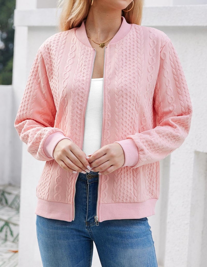 WROLEM Women's Zip Up Cardigan Sweater Cable Hoodies Long Sleeve Jacket Outfits Crewneck Casual Coat Pink - Image 2