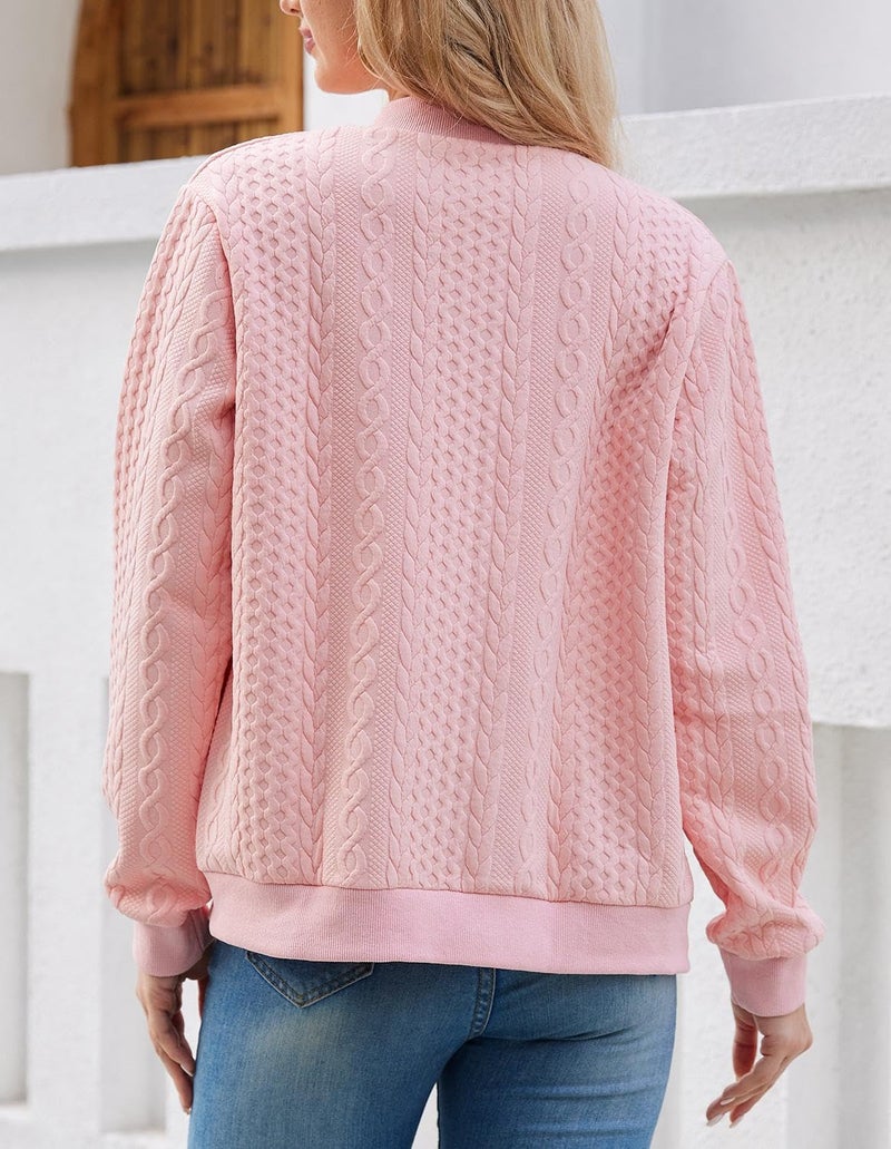 WROLEM Women's Zip Up Cardigan Sweater Cable Hoodies Long Sleeve Jacket Outfits Crewneck Casual Coat Pink - Image 5