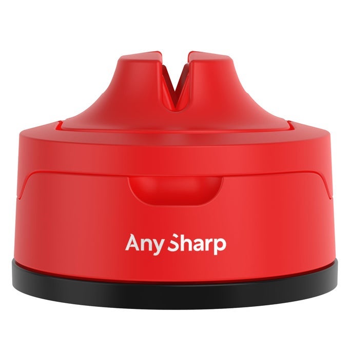 EVO HANDS FREE KNIFE SHARPENER EASY TO USE SHARPENING TOOL WITH IMPROVED POWERGRIP SUCTION BASE AND 20DEG PRESET ANGLE FOR ALL KNIVES CHEFS SERRATED AND HARDENED STEEL RED