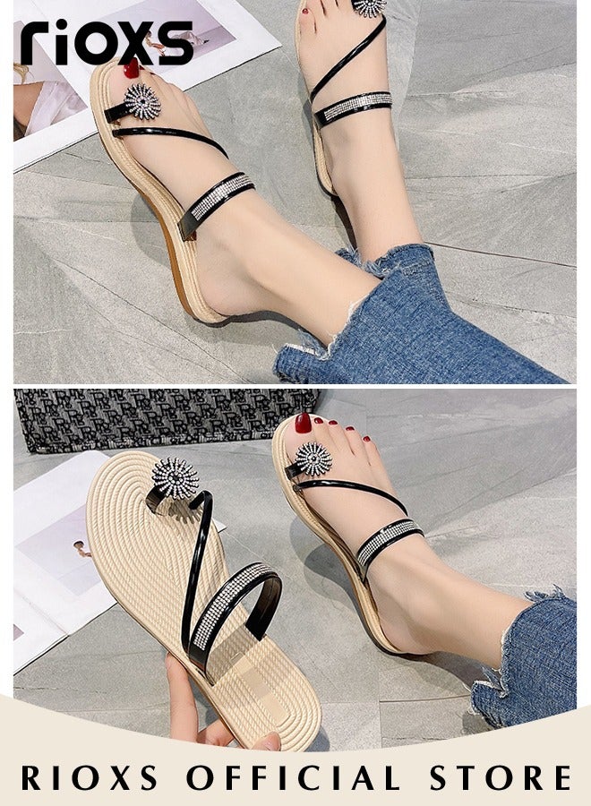 RIOXS Women's Flat Sandals,Glitter Beach Sandals,Shiny Diamond Rhinestone Sandals,Anti-Slip Flip Flop Sandals,Slip On Hollow Out Flat Sandals Slippers,Comfy Shoes For Women Ladies,Toe Ring Sandals  - Image 4