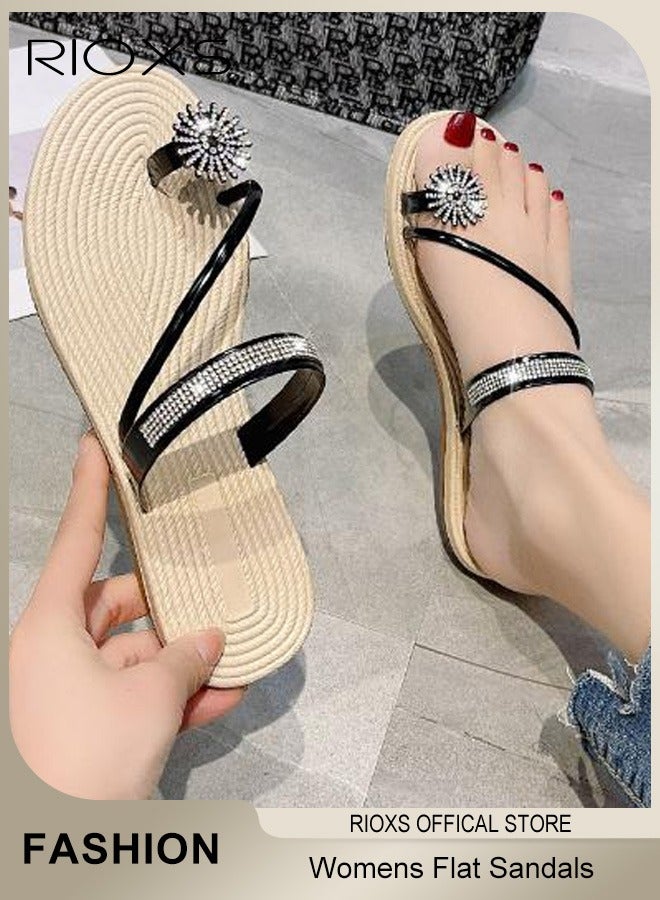 RIOXS Women's Flat Sandals,Glitter Beach Sandals,Shiny Diamond Rhinestone Sandals,Anti-Slip Flip Flop Sandals,Slip On Hollow Out Flat Sandals Slippers,Comfy Shoes For Women Ladies,Toe Ring Sandals  - Image 1