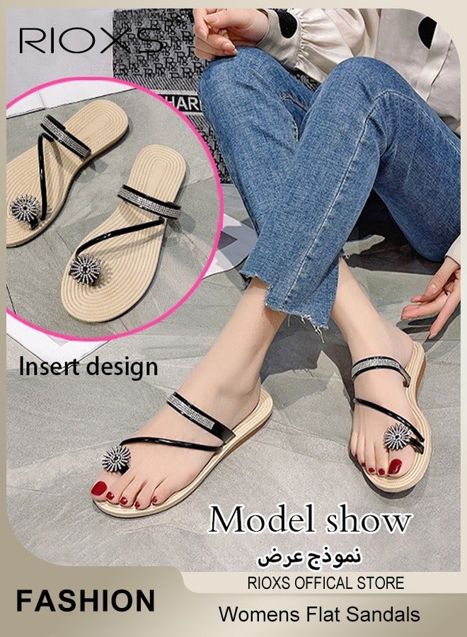 RIOXS Women's Flat Sandals,Glitter Beach Sandals,Shiny Diamond Rhinestone Sandals,Anti-Slip Flip Flop Sandals,Slip On Hollow Out Flat Sandals Slippers,Comfy Shoes For Women Ladies,Toe Ring Sandals  - Image 2