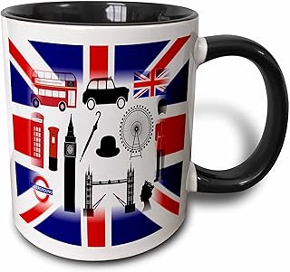 3dRose Print of UK Flag with British Symbols Mug, 11 oz, Black - Image 1