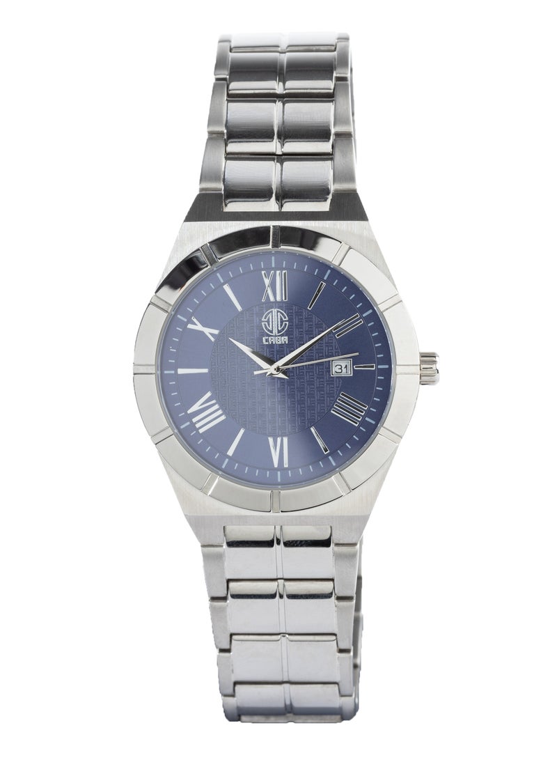 CABA Men's watch, Elegant And Luxurious Design, Roman Numbrs, Navy Blue Dial, Waterproof, Stainless Steel Bracelet, Silver - 3106890M-1 - Image 1