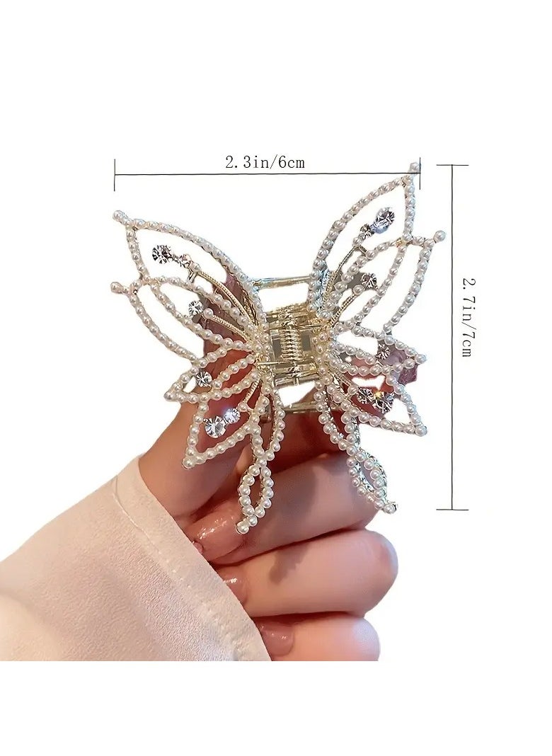 Goolsky 1pc Medium Hair Claw Clip, Non Slip Hair Clamp Butterfly Style Rhinestone Pearl Decor Barrettes For Thin Thick Hair  - Image 3
