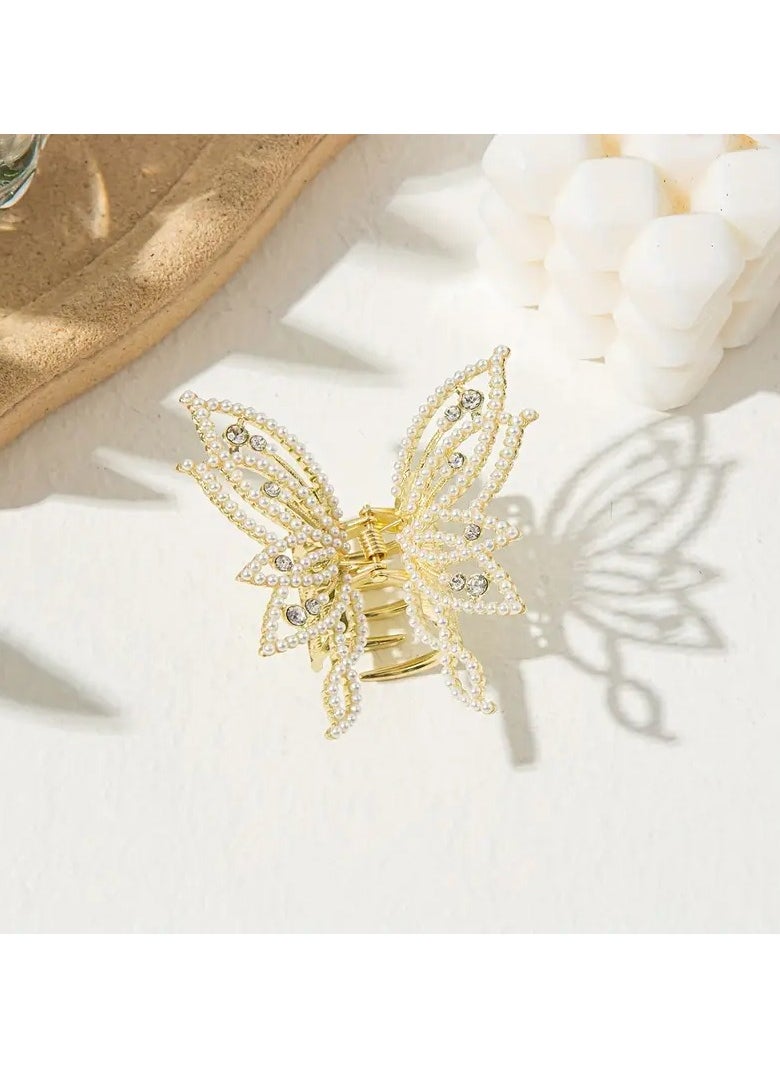 Goolsky 1pc Medium Hair Claw Clip, Non Slip Hair Clamp Butterfly Style Rhinestone Pearl Decor Barrettes For Thin Thick Hair  - Image 4