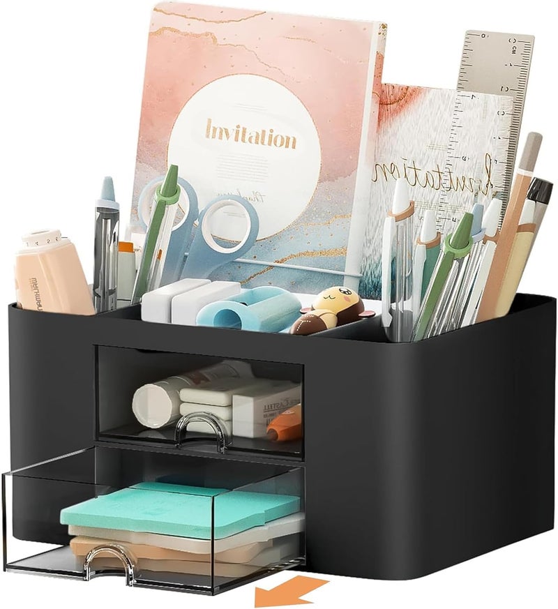 Recluse Stylish Multifunctional Stackable Desk Organizer with 2 Drawers and 5 Compartments | Pen Stand for Study Table, Office Use | Storage Box for Stationery, Art Supplies, Sticky Notes (Black) - Image 1
