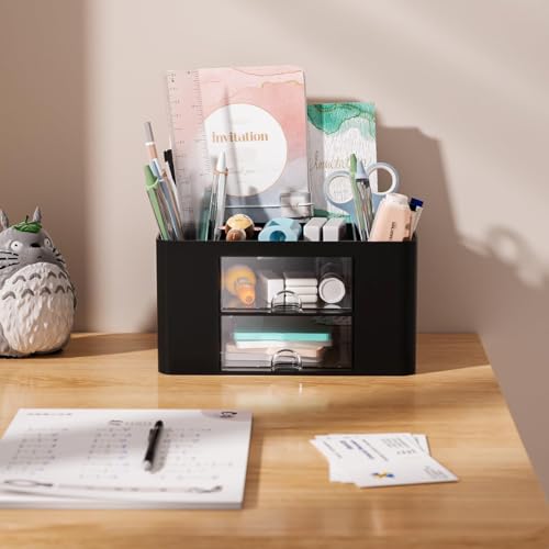 Recluse Stylish Multifunctional Stackable Desk Organizer with 2 Drawers and 5 Compartments | Pen Stand for Study Table, Office Use | Storage Box for Stationery, Art Supplies, Sticky Notes (Black) - Image 4