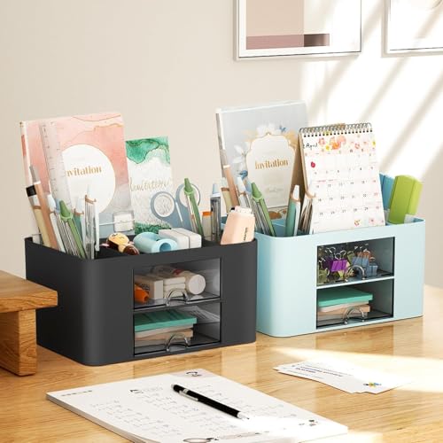 Recluse Stylish Multifunctional Stackable Desk Organizer with 2 Drawers and 5 Compartments | Pen Stand for Study Table, Office Use | Storage Box for Stationery, Art Supplies, Sticky Notes (Black) - Image 2