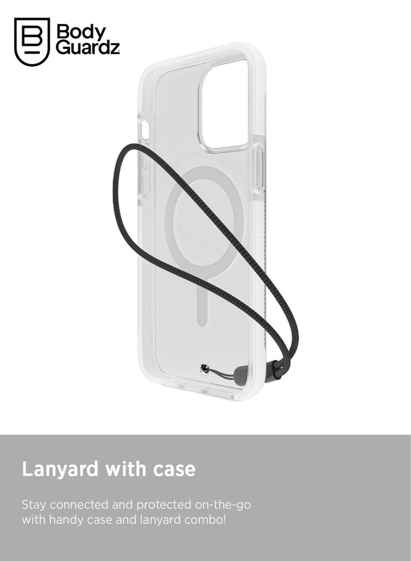 Bodyguardz Ace Pro for iPhone 15 PRO Case Cover with 18 Feet Drop Protection compatible with MagSafe with Lanyard - Clear/White - Image 2