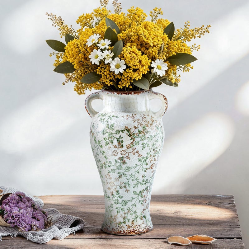 Enra Farmhouse Vintage vase with Handle,12.6 in Ceramic Chinoiserie Floral Vase,Green and Beige Decorative Flower vase,Large Rustic Vases for Home Decors, Living Room, Bookshelf, Office - Image 1