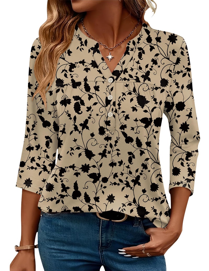 LOMON Womens Tops 3/4 Sleeve V Neck Blouses Button Down Basic Peplum Tunic Casual Summer Teachers Fashion (Beige Black XL) - Image 1