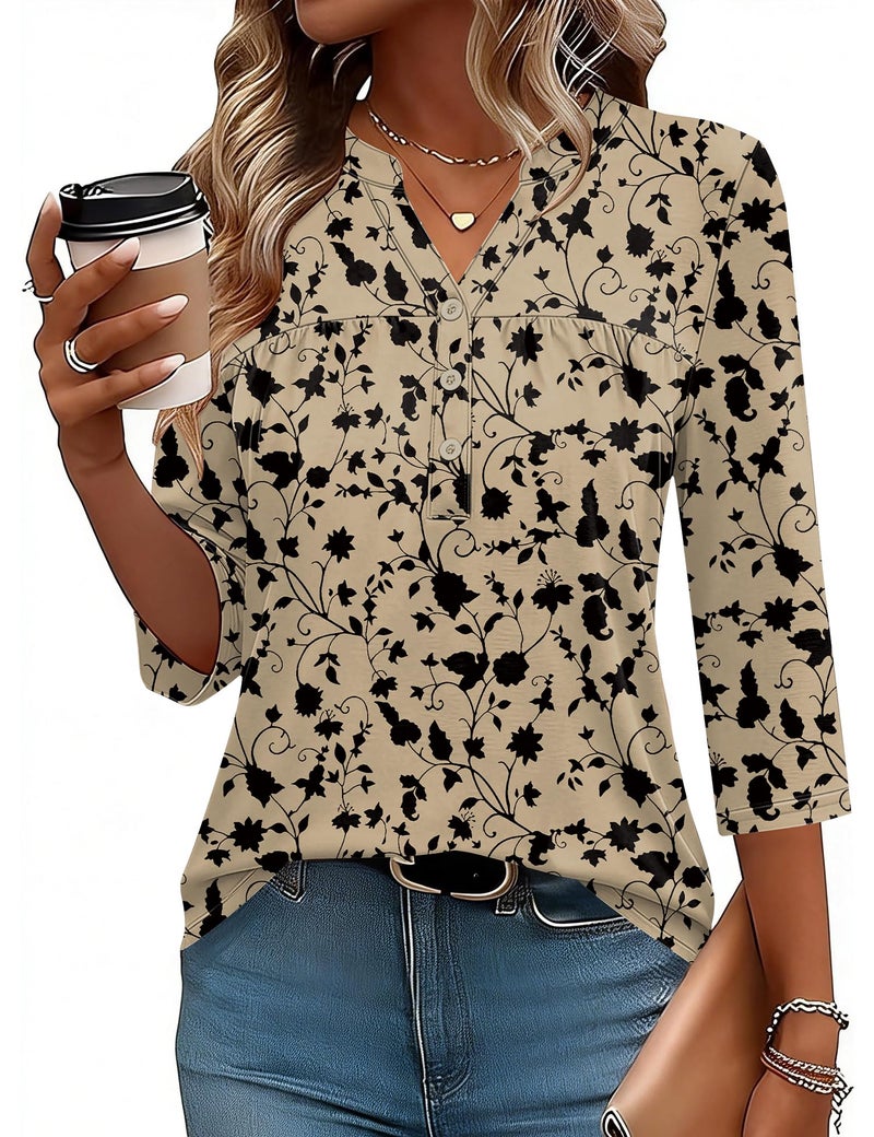 LOMON Womens Tops 3/4 Sleeve V Neck Blouses Button Down Basic Peplum Tunic Casual Summer Teachers Fashion (Beige Black XL) - Image 2