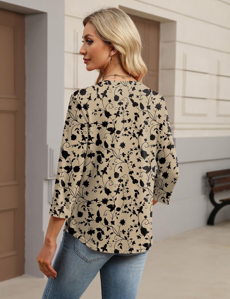LOMON Womens Tops 3/4 Sleeve V Neck Blouses Button Down Basic Peplum Tunic Casual Summer Teachers Fashion (Beige Black XL) - Image 5